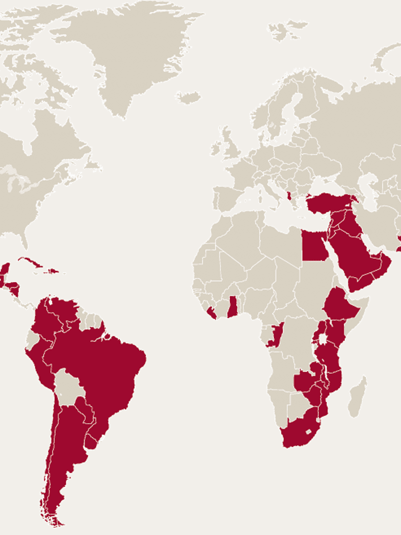 Weltkartenausschnitt mit Ländern, in denen die Bibel Liga tätig ist