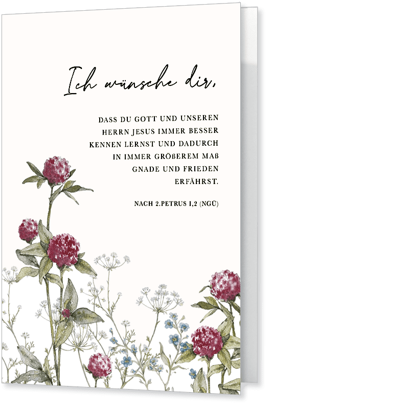 Grußkarte mit Bibelvers 2. Petrus 1,2 und Blumenillustration von Rebekka Rochlitzer